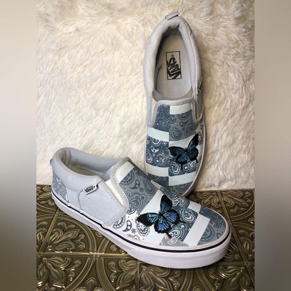 Vans Slip-On Patchwork Sneakers - White and Blue with Butterfly Missy 5 - Picture 10 of 16